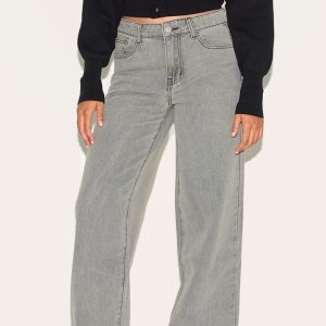 Grey Stone Washed Mid Rise Straight Leg Jeans