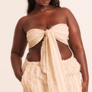 Plus Stone Frayed Linen Look Bandeau Tie Beach Top
