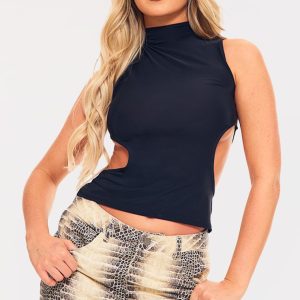 Black Slinky Lace Up Back Trim Detail High Neck Top