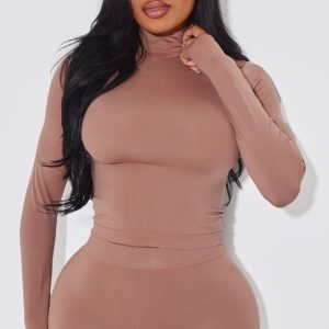 Shape Taupe Stretch Seamless High Neck Long Sleeve Top