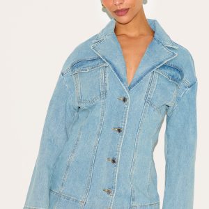 Petite Light Blue Denim Fitted Mini Dress With Pleat Details