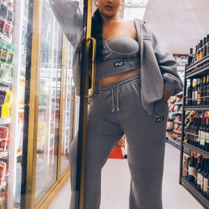 PRETTYLITTLETHING Plus Grey Washed Badge Detail Straight Leg Joggers