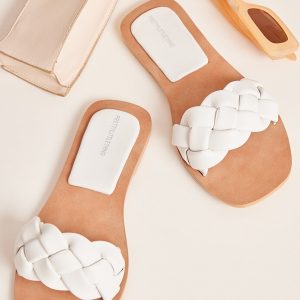 White Wide Fit Real Leather Extreme Padded Plaited Strap Flat Sandals