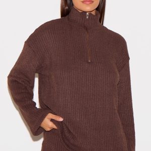 Chocolate Textured Soft Rib Half Zip High Neck Oversized Long Top