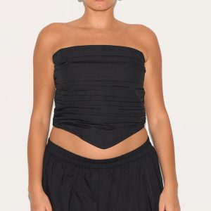 Plus Black Cotton Poplin Bandeau Ruched Front Top