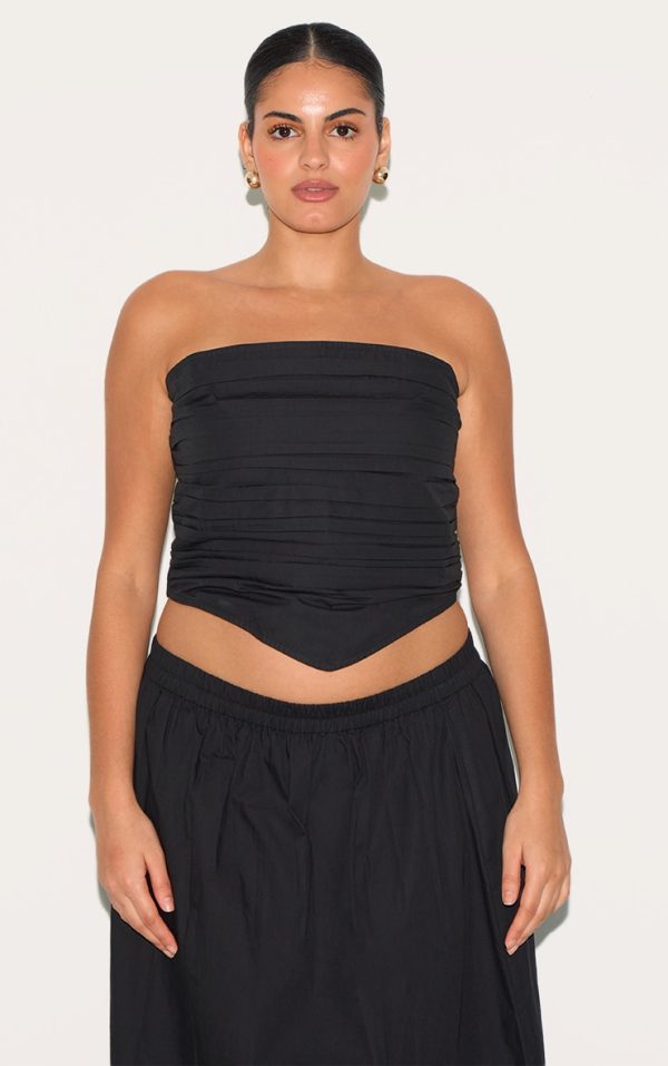 976823c28f492627835b6a1415290360434f2568_CNM5113_1_plus_black_cotton_poplin_bandeau_ruched_front_top