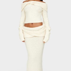 Cream Soft Bobble Knit Foldover Maxi Skirt
