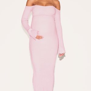 Maternity Baby Pink Off The Shoulder Contrast Knit Midaxi Dress