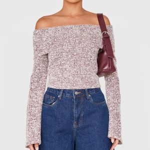Burgundy Boucle Fold Over Bardot Long Sleeve Top