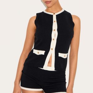 Petite Black Knitted Contrast Detail Mini Shorts
