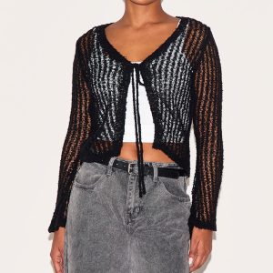 Black Ladder Knit Sheer Cropped Tie Front Top