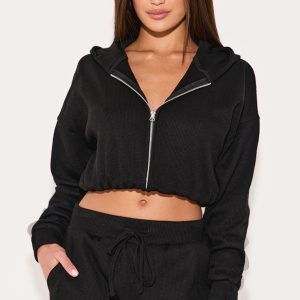 Black Waffle Detail Hooded Cropped Jacket