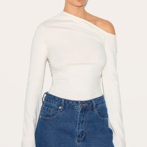 Cream Asymmetric Ruched Flared Sleeve Long Top