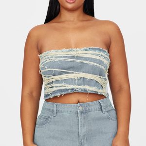 Plus Vintage Wash Extreme Fraying Detail Cropped Denim Corset Top