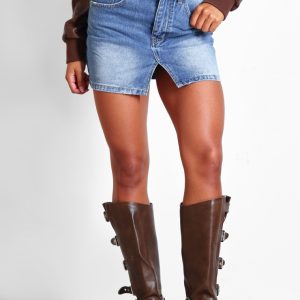 Mid Blue Wash Split Front Denim Mini Skirt