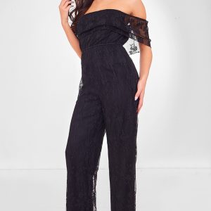 Black Shimmer Floral Lace Bardot Jumpsuit