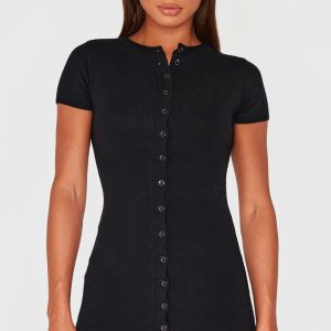 Black Soft Knit Button Through Mini Dress