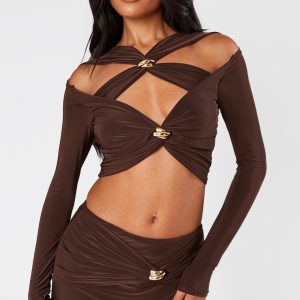 Chocolate Slinky Cut Out Long Sleeve Twist Trim Crop Top