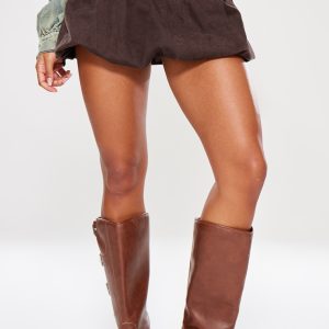 Brown Twill Low Rise Puffball Mini Skirt