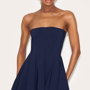 Navy Stretch Woven Bandeau Pleated Shift Dress