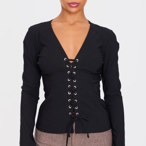 Black Stretch Woven Tie Front Fitted Shirt