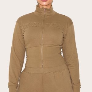 Shape Khaki Pocket Detail Fitted Zip Up Sweatshirt