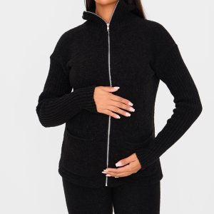 Maternity Black Boucle Knit Zip Up Long Sleeve Top