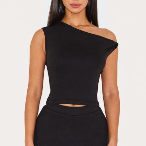 Petite Black Ribbed Twist Detail Top