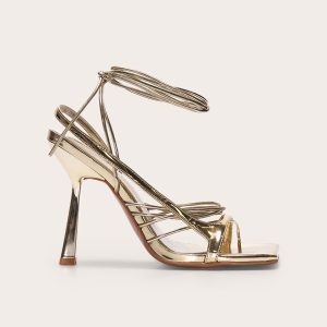 Gold Pu Square Toe Asymmetric Strappy Lace Up High Heel Sandals - Black, 5