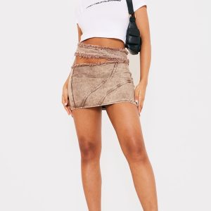 Brown Acid Wash Frayed Edge Cut Out Mini Skirt