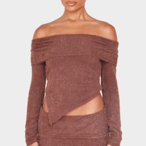 Chocolate Fluffy Asymmetric Fold Over Bardot Top