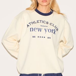 Cream Premium Contrast Neck Embroidered Sweatshirt