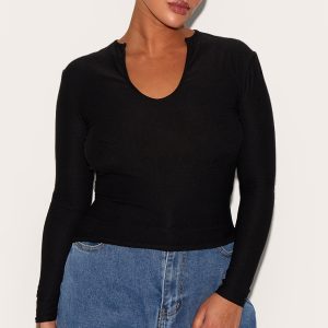 Plus Black Soft Touch V Neck Long Sleeve Top