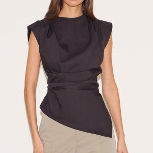 Black Woven Shoulder Detail Asymmetric Hem Long Top