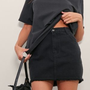 Washed Black Raw Hem Denim Mini Skirt