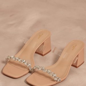 Nude PU Wide Fit Square Toe Jewel Perspex Block Heeled Mules