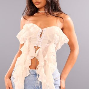 Cream Bandeau Chiffon Ruffle Lace Up Corset
