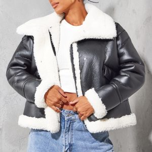 Black Faux Fur Lined Faux Leather Buckled Aviator Jacket