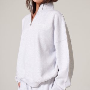 Ash Grey Premium High Neck Quarter Zip Oversized Sweatshirt