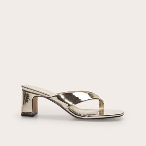 Gold Pu Round Toe Thong Mid Block Heeled Mules