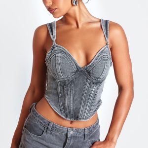Washed Grey Dip Hem Bust Cup Denim Corset