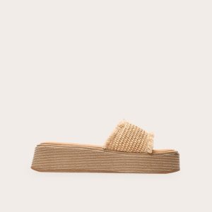 Natural Raffia Fake Stack Round Toe Flatform Sandals