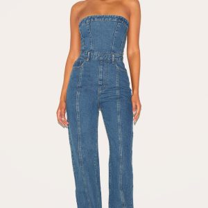 Tall Indigo Vintage Wash Bandeau Style Straight Leg Denim Jumpsuit