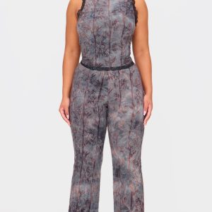Plus Charcoal Devore Lace Trim Skinny Flare Trousers