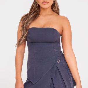Charcoal Woven Bandeau Seam Detail Asymmetric Hem Top