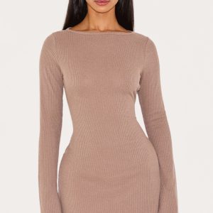 Petite Taupe Ribbed Flare Sleeve Shift Mini Dress