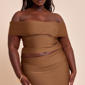 Plus Deep Chocolate Tailored Bandage Knit Asymmetric Fold Over Top
