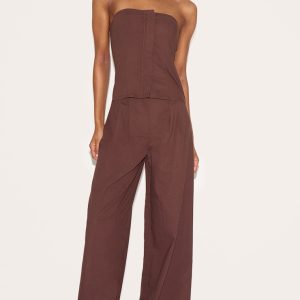 Chocolate Linen Blend Tailored Bandeau Wide Leg Jumpsuit
