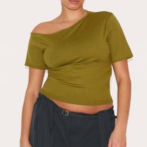 Plus Olive Basic Knit Asymmetric Neckline Top