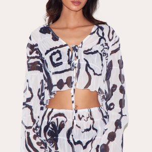 White Monochrome Chiffon Floral Tie Front Beach Top